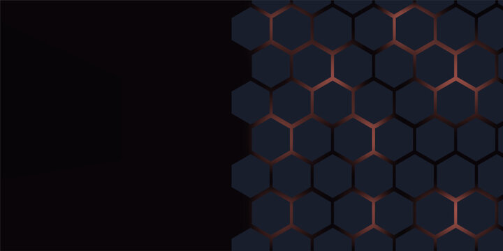 Dark gray and red horizontal hexagonal technology abstract vector background. Red bright energy flashes under the hexagon in a wide banner of futuristic modern technology. vector
