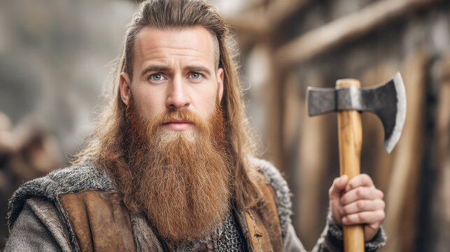 A man in Viking style with an axe against a backdrop of wooden buildings. A bearded man in a fur coat holds a battle axe.