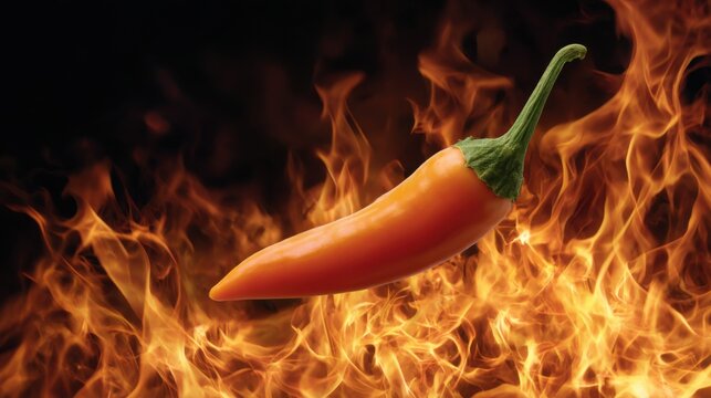An orange hot pepper against a backdrop of flames symbolizes heat and spice. A green-tailed chili hovers before the flames.