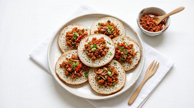 Savory traditional Sundanese rice flour pancakes, Serabi Oncom, topped with spicy saut&eacute;ed fermented soy paste, red chili, and green onions, served on a white plate.