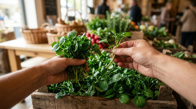 Hands Select Fresh Watercress In A Rustic Farmers Market Display