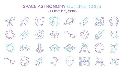 Obraz premium Space Astronomy Outline Icons, 24 Pastel Purple and Cyan Vector Cosmic Icon Set, Modern Galaxy and Universe Collection Isolated on White Background