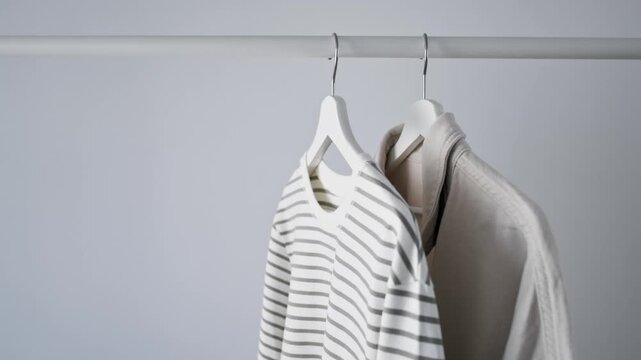 Young woman hangs striped sailor shirt on white wooden hanger on wardrobe rail. 4k. Minimalist open wardrobe composition with clothes at home or in store. Concept of seasonal discounts and sales. 