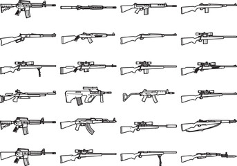 Obraz premium A grid of 30 weapon icons, featuring various rifle and firearm designs, presented in a clean, illustrative style.