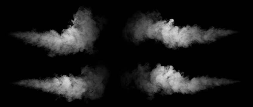 Realistic isolated smoke jet blasts on black background, ideal for digital design, VFX, photo compositing, and creative projects requiring dense vapor textures and dynamic atmospheric motion effects.