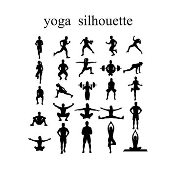 Black and white yoga and fitness poses silhouette icons collection