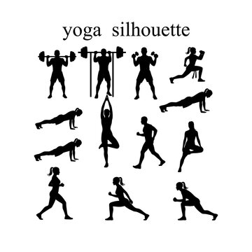 Black and white yoga and fitness exercise silhouette icons set