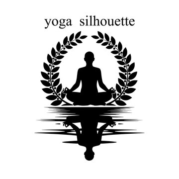 Black silhouette of person meditating in lotus pose with laurel wreath frame