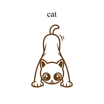 Cute cartoon cat standing on hind legs with big eyes looking up