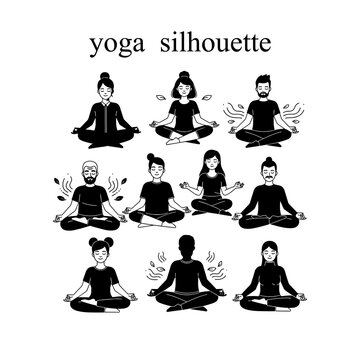 Diverse group of people meditating in yoga poses silhouette style illustration
