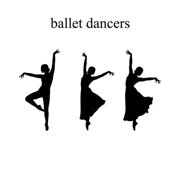 Three elegant ballet dancers in graceful poses silhouette style