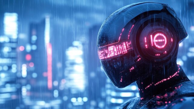 Cyborg head with glowing red visor in rainy city night. Futuristic android portrait. Advanced artificial intelligence and high tech automation concept. Cyberpunk urban scene illustration.