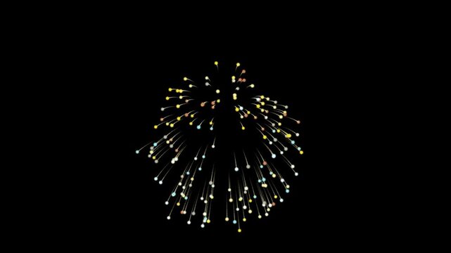 Colorful fireworks explosion on black screen background, 4K. Festive single fireworks in the night sky