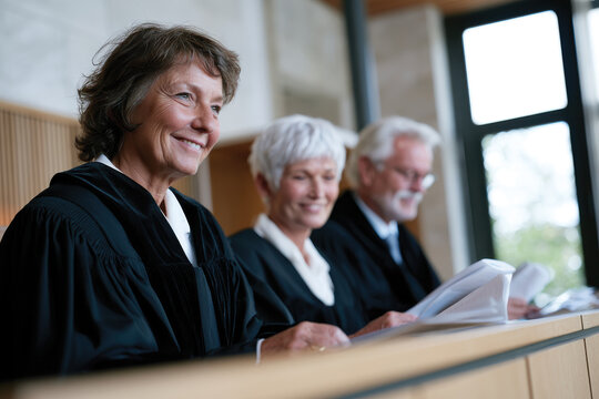 A trio of judges smile while reviewing documents together in a modern courtroom, showcasing a positive and collaborative atmosphere within the legal profession.