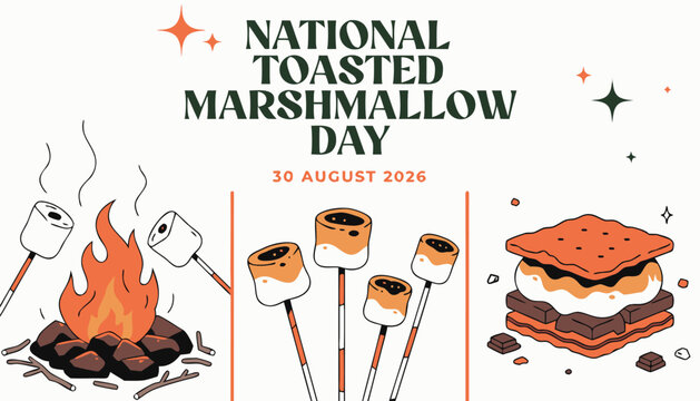 National toasted marshmallow day celebration graphic with campfire and snacks