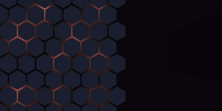 Dark gray and red horizontal hexagonal technology abstract vector background. Red bright energy flashes under the hexagon in a wide banner of futuristic modern technology. vector