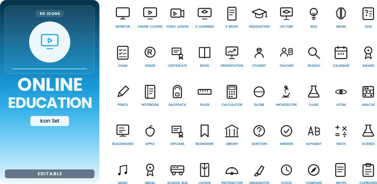 Online Education icon set. Contain icons related to e-learning, distance learning, course, student, virtual classroom, study, school, and more. Editable stroke. Vector illustration