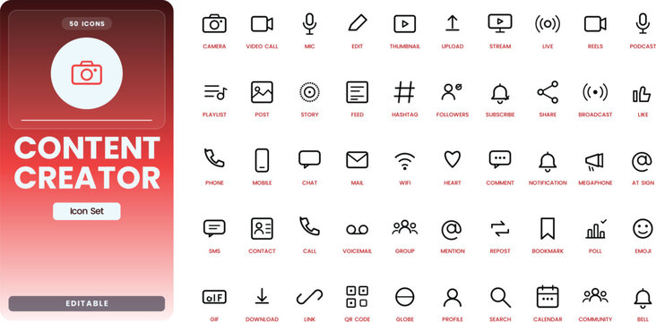 Content Creator icon set. Contain icons related to blogger, influencer, video, social media, camera, streaming, creative, and more. Editable stroke. Vector illustration