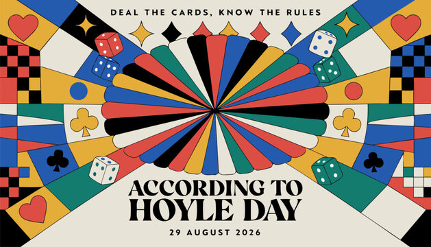 Colorful abstract poster design featuring playing card symbols and dice icons