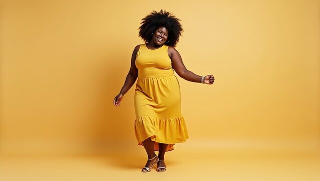 Full body African woman of plus size model dancing on pastel background