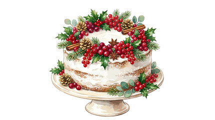 Naklejka premium A beautiful Christmas cake adorned with festive berries, pinecones, and greenery. The cake sits on a white stand, ready to be enjoyed during the holiday season