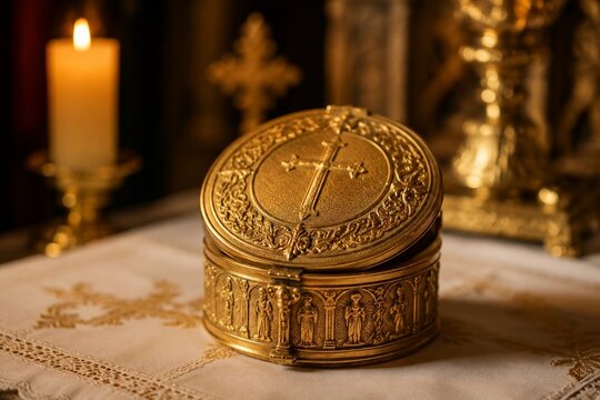 Ornate ancient gold pyx on a church altar illuminated by candlelight.