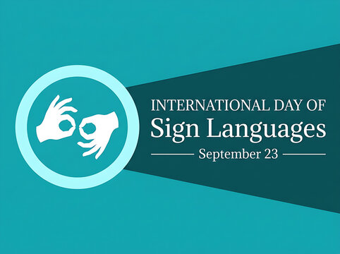 Sharp non-profit graphic designed for deaf rights advocacy, combining signing hand icons with elegant teal color blocks.