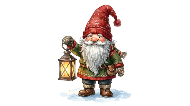 A charming gnome with a long white beard, holding a glowing lantern, dressed in a red hat and a festive green outfit, stands in a snowy landscape.