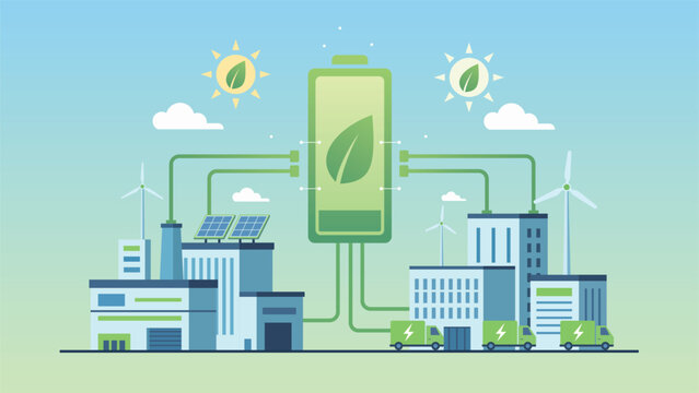 Green battery storage connects solar wind power smart grid and electric fleet for clean sustainable energy systems