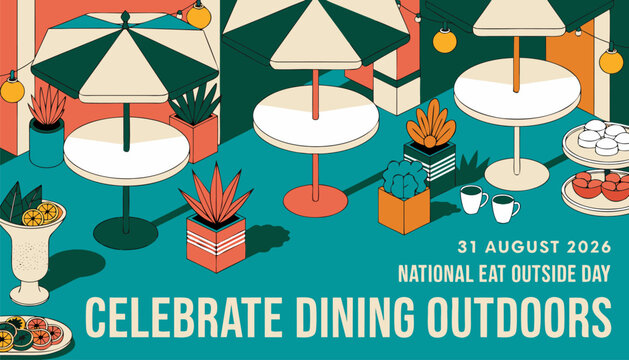 Colorful flat illustration showing tables set for outdoor dining events