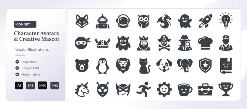 Character avatars and creative mascot vector icon set