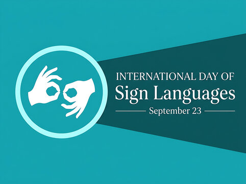 Inclusivity advocacy graphic showcasing white signing hand vector art on a two-toned blue and teal background.