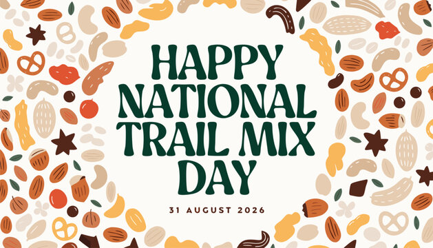 Decorative illustration celebrating national trail mix day with assorted nut snacks