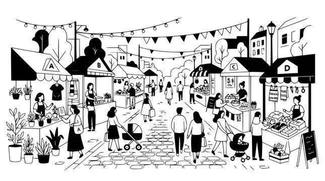 Outdoor Market Scene: People Shopping at Stalls with Bunting and Buildings