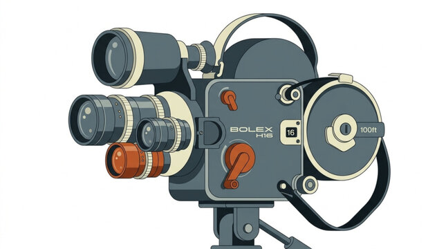 Professional vintage film camera with lenses and knobs in classic design for filmmaking and videography equipment