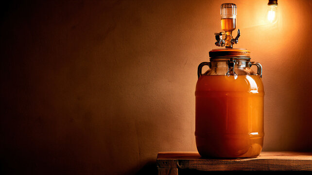 Glass fermenter with airlock for home brewing beer. Fermentation process of craft ale in a large jar. Artisan alcohol production, brewery equipment and hobbyist beverage making concept.