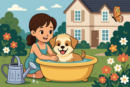 Cheerful young girl happily giving her cute fluffy dog a bath in a yellow tub in a beautiful garden near their house.