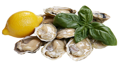 Fresh oysters with lemon and basil leaves © Fraser