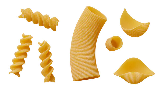 Assorted dry pasta shapes fusilli rigatoni conchiglie, and penne