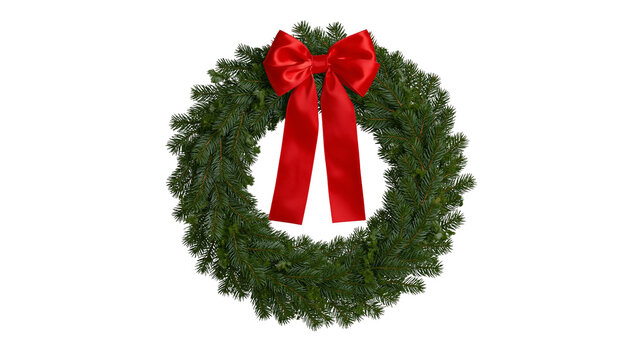 Green fir Christmas wreath with red satin bow