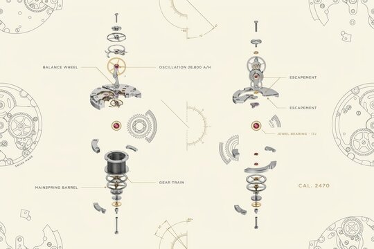 Technical diagram showing the exploded view of a mechanical watch movement with labeled parts like balance wheel, gear train, and escapement