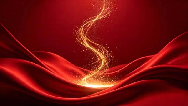 Luxury Christmas red background featuring flowing silk satin drapery and a magical swirling golden glitter particles light trail with ample copy space.