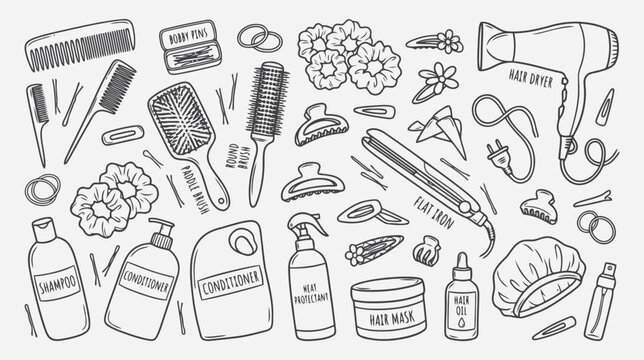 Hair care and styling tools set, hand drawn collection of accessories and products for hair grooming isolated on white background flat vector editable file