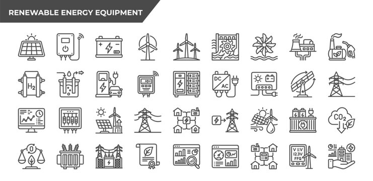 Renewable Energy Vector Icon Set Solar Wind Power Outline Style