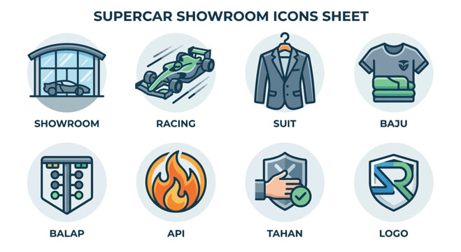 Supercar Showroom Icons: Racing, Suit, Apparel, Start Line, Fire, Security, Logo