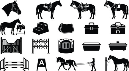 Collection of equestrian silhouette icons featuring horses, riding gear, stable equipment, and horse care tools © Manik