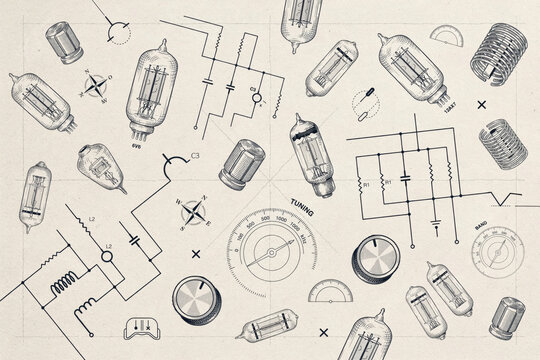 Technical background, pattern featuring vintage, electronic vacuum tubes, circuit diagrams, tuning, dials, and electrical, components on beige paper