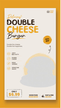Double Cheese Burger Restaurant Flyer Template, Fast Food Menu Poster, Cheeseburger Promotion Banner, Burger Cafe Advertising Design for Takeaway and Delivery