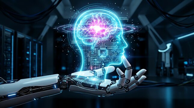 Artificial intelligence brain hologram held by robotic hand in futuristic server room