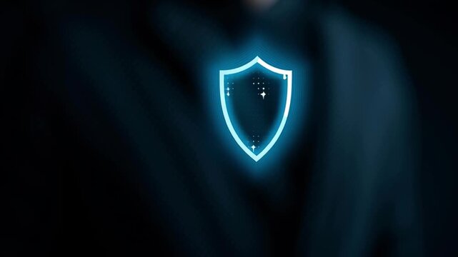 Blue glowing shield icon with finger pointing symbolizing digital security protection and safety technology hand gesture cybersecurity virtual shield protection concept secure access futuristic